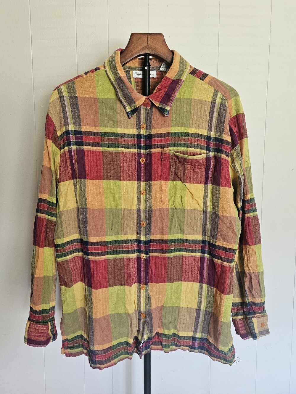 Spiegel Multicolor Plaid Button-Down Shirt in Pink, Yellow, Green Size XL